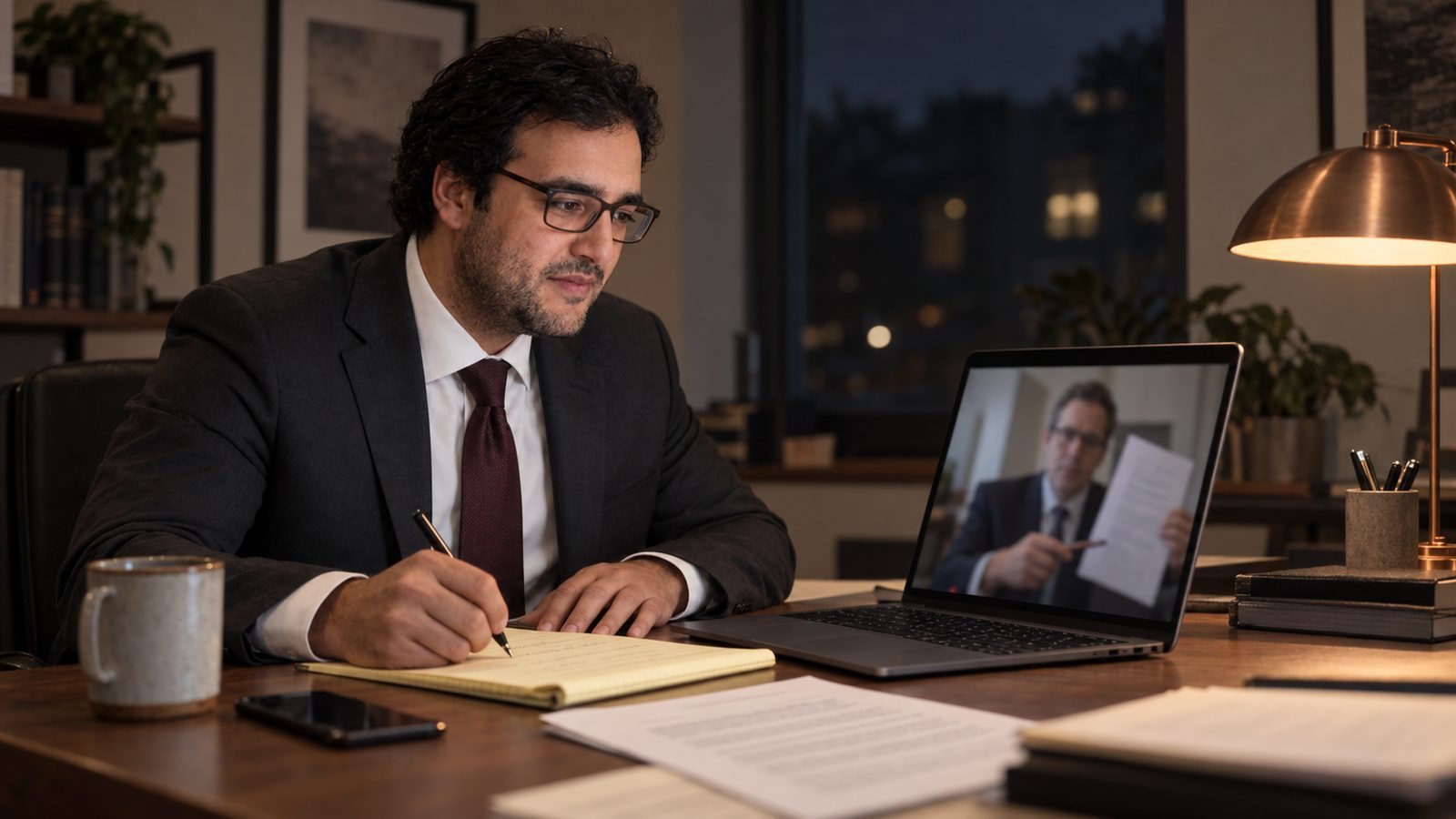 An attorney at his desk in the evening takes notes during a video call with a client