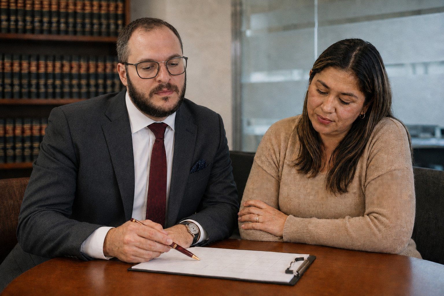 An attorney points to a line on a form while a client reads along at a round office table