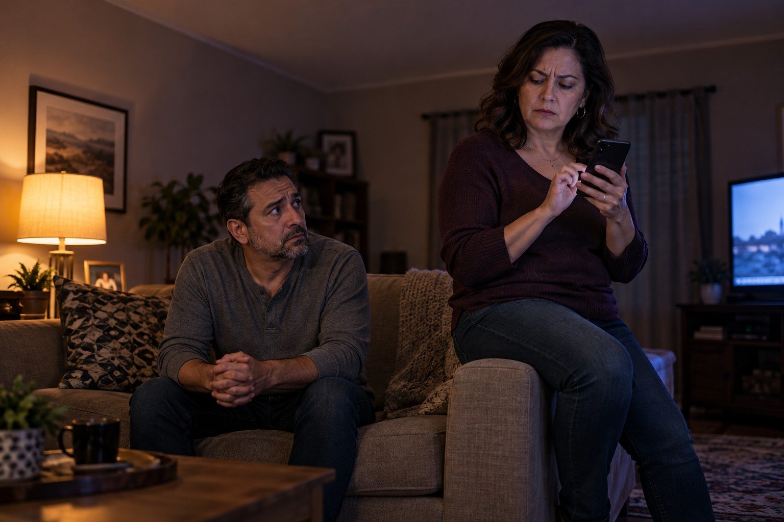 A woman scrolls through her partner's phone while he sits anxiously nearby
