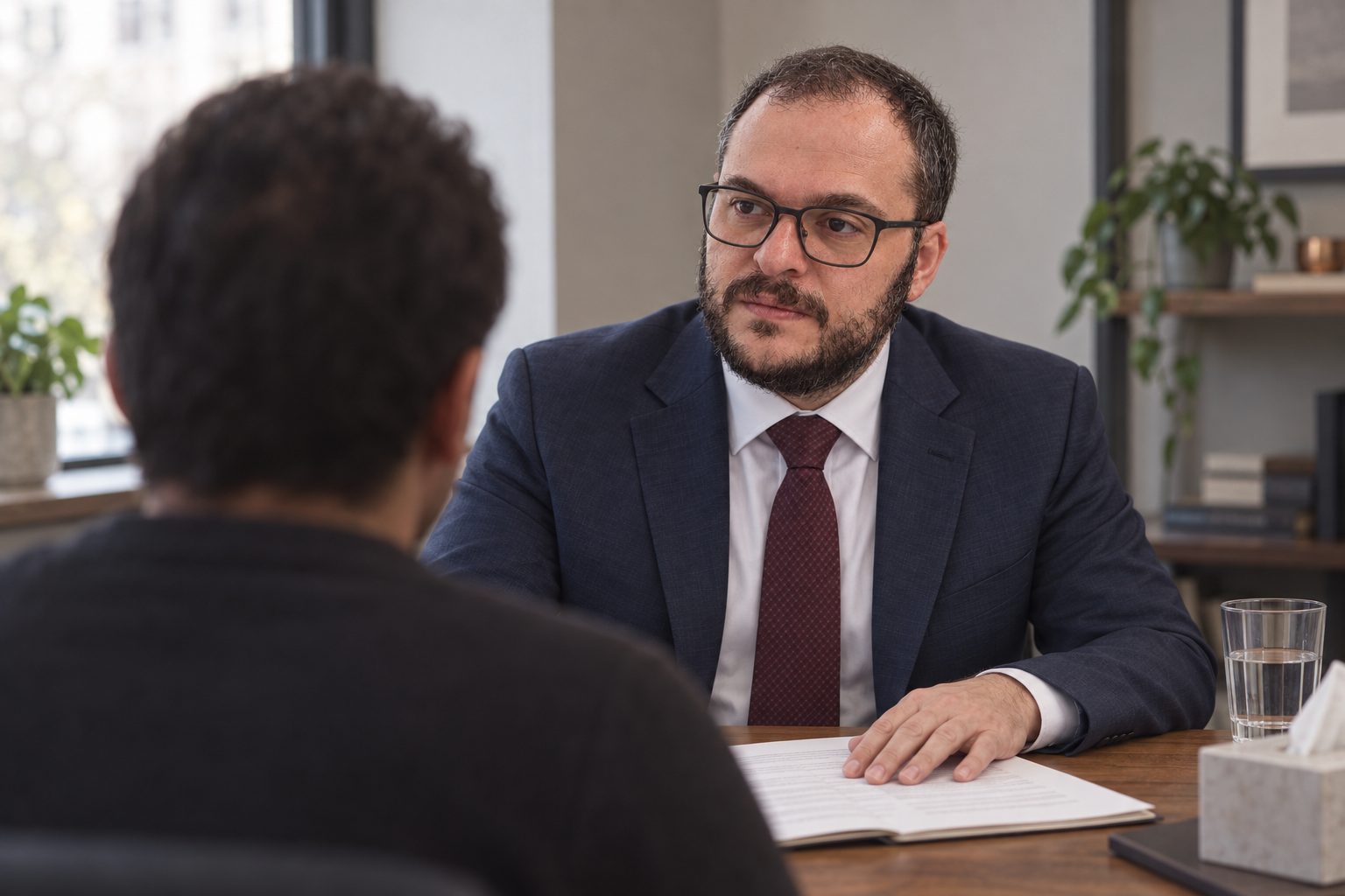 Mikhail Usher listening carefully to a client across his desk