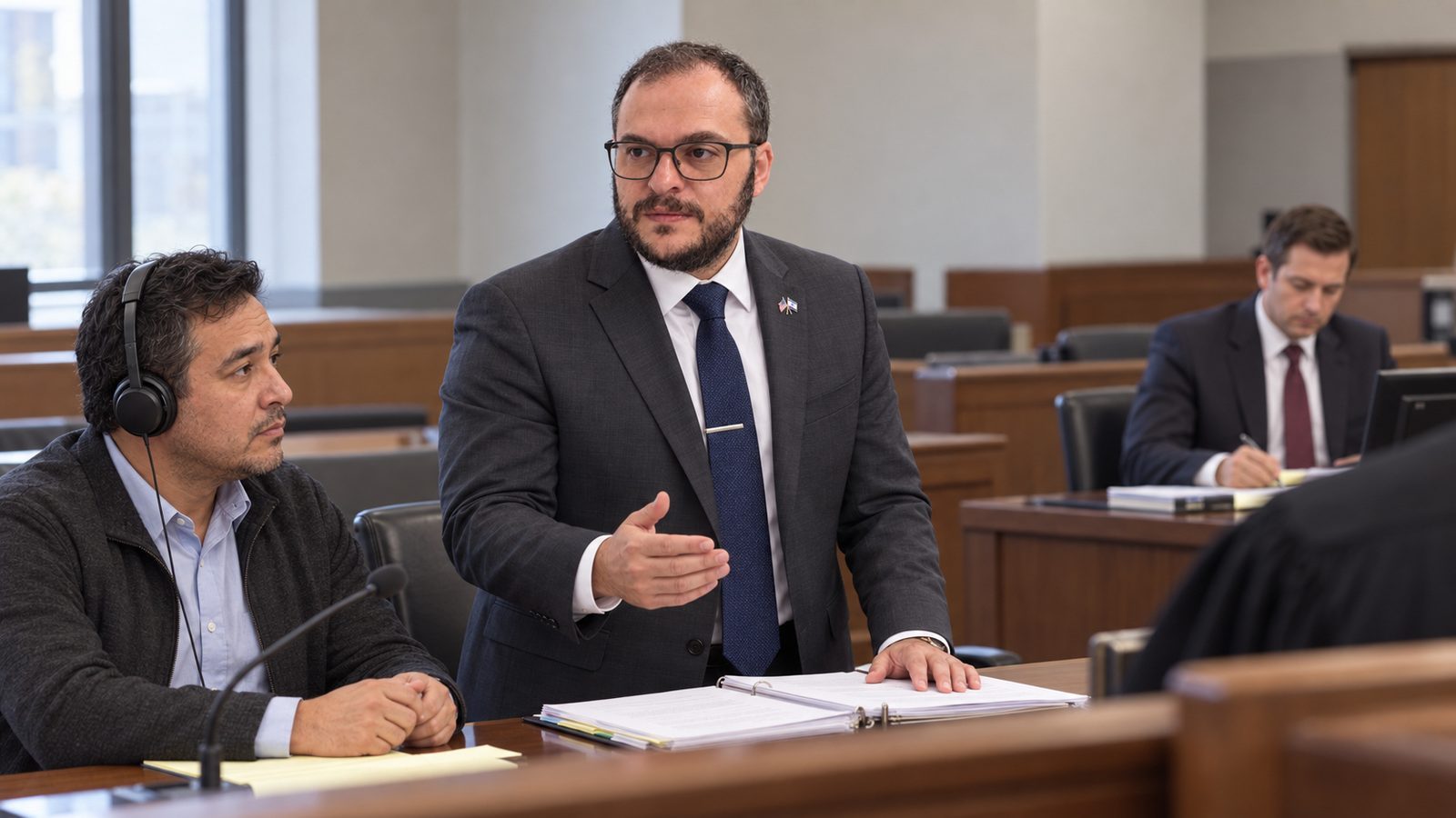 Mikhail Usher addressing the immigration court beside a client who is listening through an interpreter's headset
