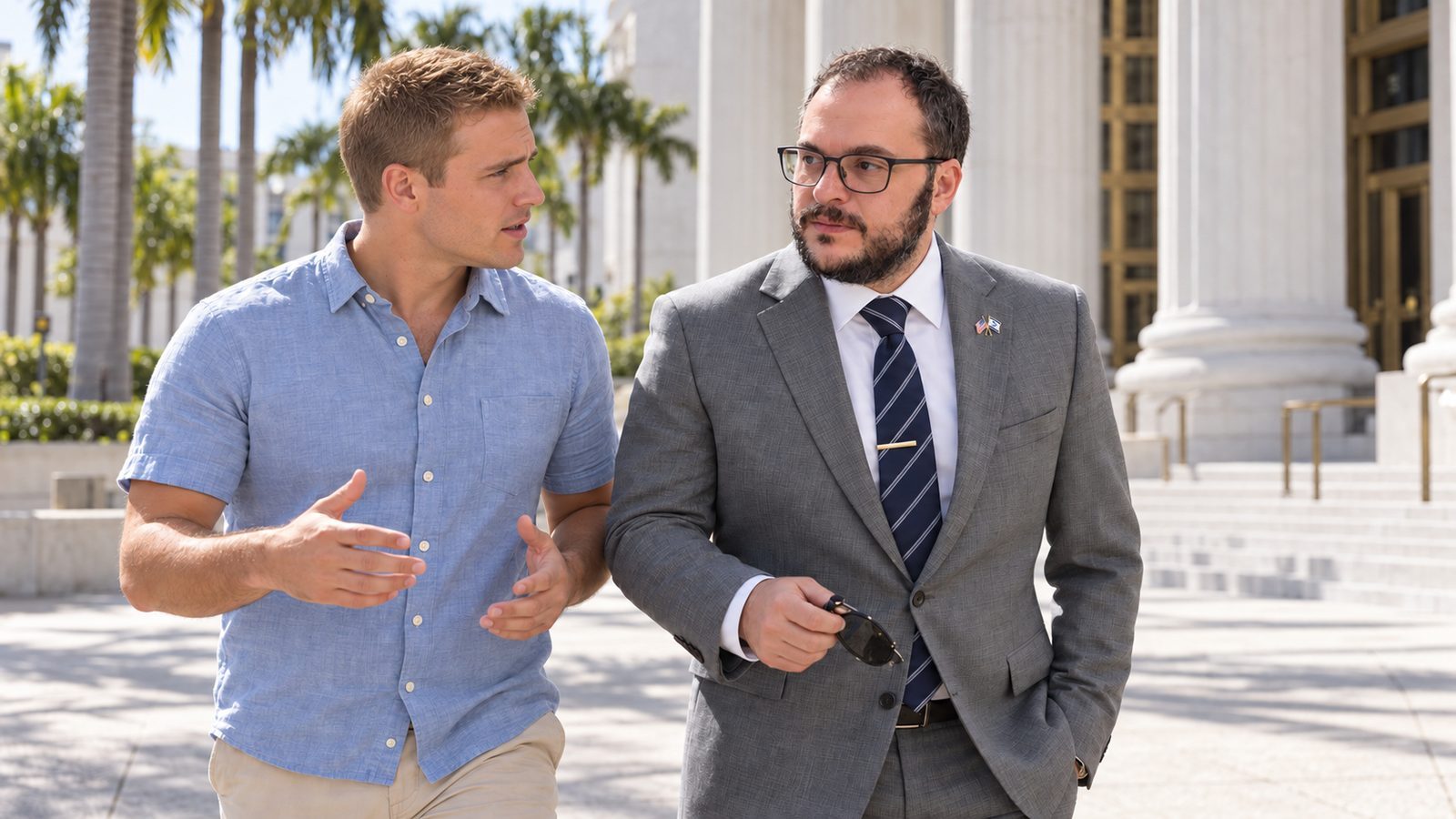 Mikhail Usher talking with a client outside a Florida courthouse