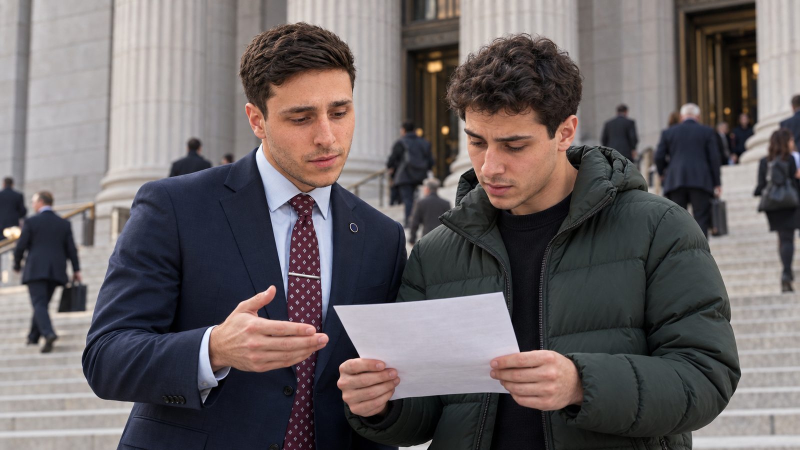 Mitchell Bromberg going over a paper with a young client outside a New York courthouse