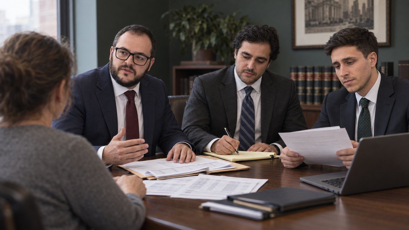 The three attorneys meeting with a client at the conference table